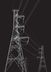 High voltage transmission systems. Electric pole. Power lines. Energy pylons. White outlines image on black background. A network of interconnected electrical. Vector design illustration