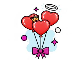 A cartoon heart balloons with a bird and a pink bow isolated on transparent background