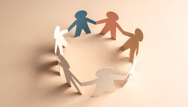 円形に手を繋ぐ多様な色の人型ペーパークラフト