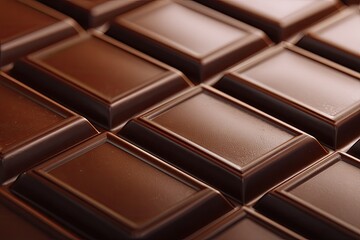 Close-up shot of a chocolate bar with perfectly square chunks, showing glossy texture
