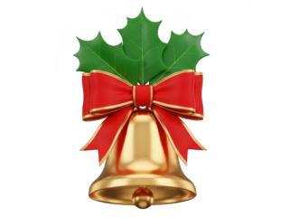 Golden christmas bell with red bow and green holly leaves isolated on transparent background for holiday decoration