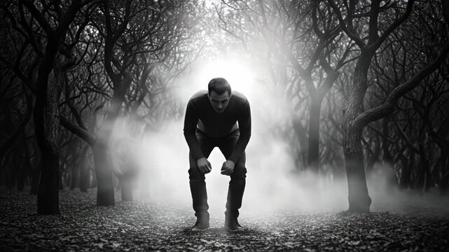 A distressed man crouching in a dark twisted forest symbolizing despair