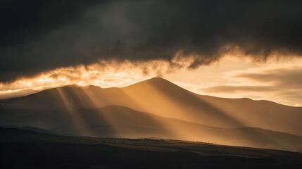 bedrock. Golden light breaking through clouds over a majestic mountain peak. travel magazines, destination branding, designed for outdoor magazines and nature guides and travel destination branding.
