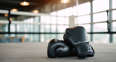 Black boxing gloves on gym mat in sunlit room