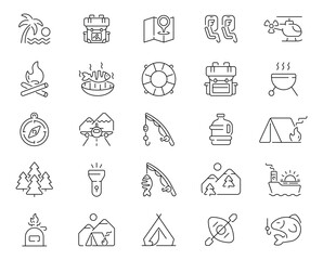 Fototapeta premium Travel destinations, vehicles, luggage, and navigation elements set of 50 linear icons