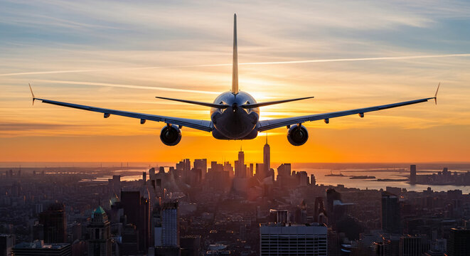 Airplane flying over cityscape at sunset, rear view. Symbolizes travel, adventure, global connection, exploration, and aviation industry