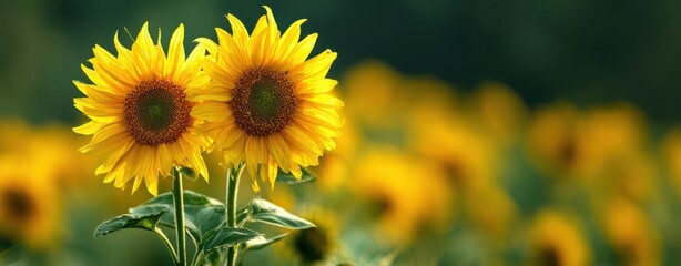 The Sunflowers Blooming Brightly in a Summer Field with Soft Green Background