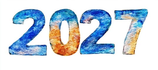 Vivid Watercolor Numbers 2027 on Isolated White Background for Creative Graphic Design Projects