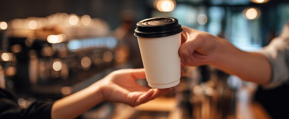 The coffee cup exchange between barista and customer in a warm cafe interior
