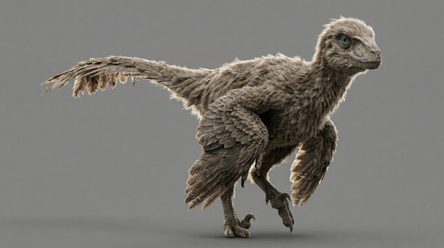 Velociraptor mongoliensis Walking Pose Side View Isolated on Grey Background - Realistic Feathered Dinosaur Render