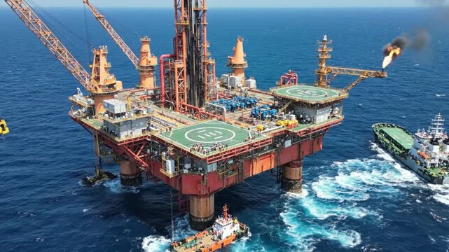 An impressive aerial panorama showcases a massive offshore oil drilling platform stationed in the expansive, deep blue ocean under a bright, clear sky. The intricate industrial structure is bustling w