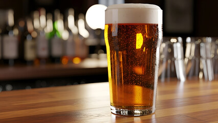 Glass of amber beer with frothy head sits on a wooden bar counter, with blurred bottles and glasses in the background creating a warm, inviting atmosphere for social gatherings