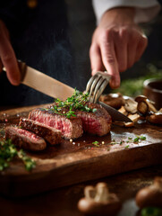 Chef Slicing Juicy Beef Steak on Board &ndash; AI Generative