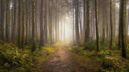 Fototapeta premium vanishing. Misty forest path with straight tree trunks leading into the distant fog. travel magazines, destination branding, designed for travel destination branding, used by event planners. 