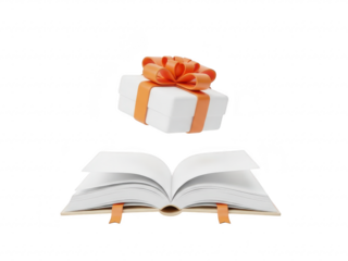 A white gift box with an orange ribbon and bow on top floating above an open notebook with orange bookmarks on a transparent background
