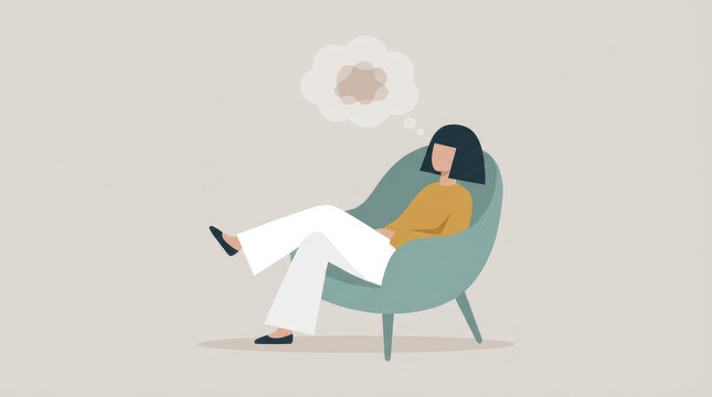 Illustration of a woman seated in a chair with a thought bubble above her head wearing white pants and a teal jacket pure white background cutout