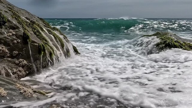 Powerful ocean waves crash relentlessly against rugged, seaweed-covered rocks, creating a dynamic display of frothing white foam, shimmering sea spray, and swirling blue-green water. This immersive cl
