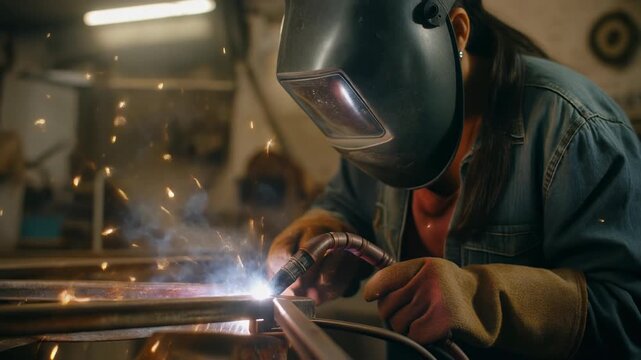 Female welder in protective gear sparks bright light and smoke while joining metal beams in a dimly lit workshop creating industrial construction and manufacturing scenes