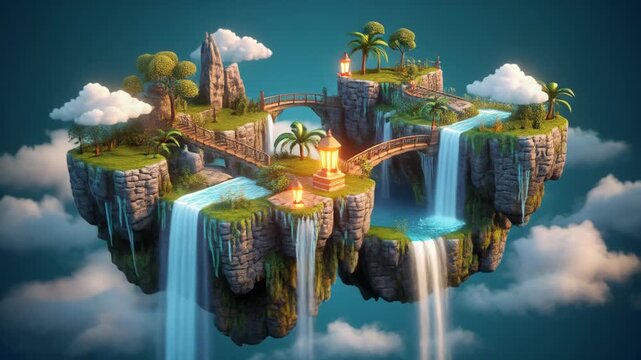Fantasy Floating Pixel Island with Waterfalls and Lush Vegetation