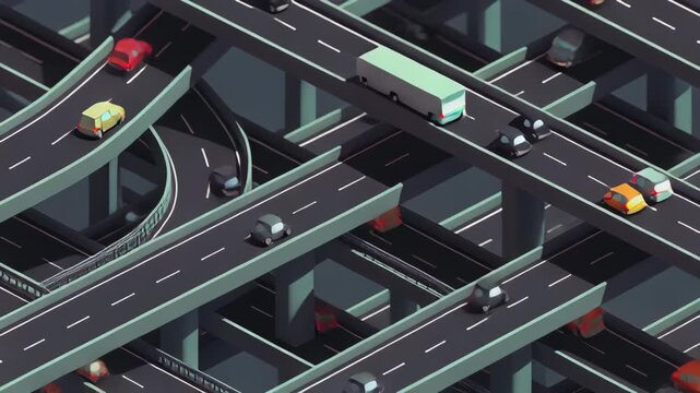 Isometric View of a Dense Highway Interchange with Various Vehicle
