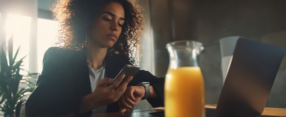 The woman checking her smartwatch while working at a laptop with orange juice