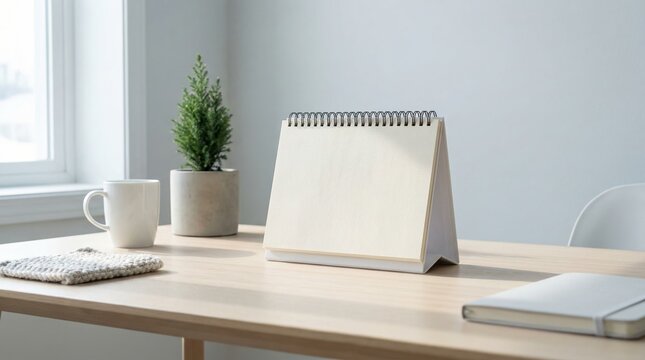 A blank page desk calendar with spiral binding sits on a light wooden table near a white mug, a small green potted plant, a knitted coaster, and a closed white notebook