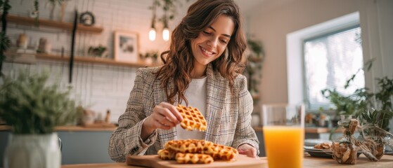 The woman enjoying homemade waffles at a bright cozy kitchen breakfast table