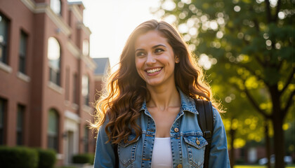 Smiling young woman walking on campus near brick buildings in sunlight  