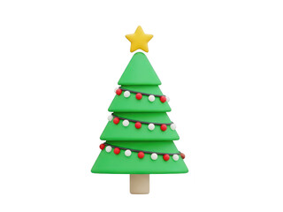 Fototapeta premium Green christmas tree with star and ornaments isolated on transparent background