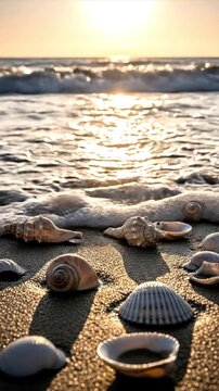 A serene, low-angle shot captures an array of natural seashells scattered across the glistening wet sand of a tranquil beach. The soft golden light of a setting or rising sun bathes the scene, creatin
