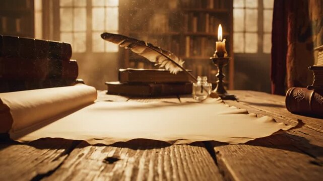 Ancient desk with parchment, feather quill, and candlelit books in a dim library scene