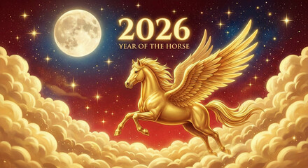 A golden Pegasus (winged horse) flying through golden clouds