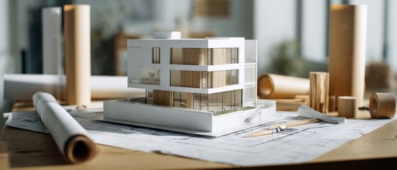 The Architectural Model of a Modern Minimalist Glass and Wood House on Blueprints