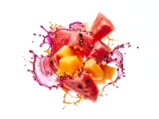 A refreshing and vibrant explosion of freshly cut watermelon and cantaloupe chunks splashing with colorful juices on a white background