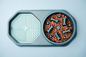 Pet slow feeder bowl with bone shaped compartments filled with dry food on a blue background © reddish