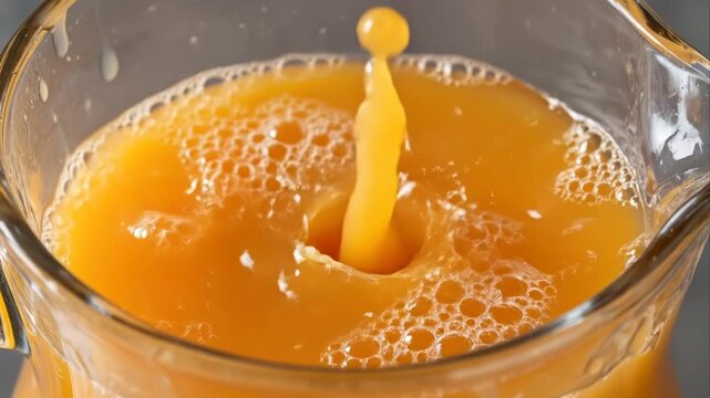 Fresh orange juice pouring into a clear glass container