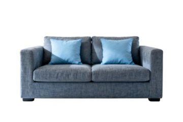 Gray Fabric Loveseat with Blue Throw Pillows