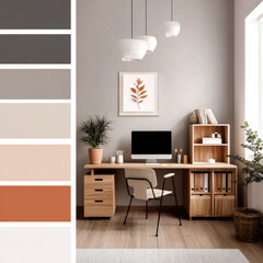 Home office minimalist neutral wooden modern workspace cozy scene with desk computer chair shelf plant sunlight and warm tone