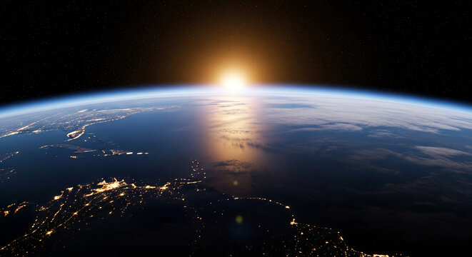 Image shows Earth at sunrise, from space. Starry background and glowing city lights represent global connectivity and scientific advancement - Powered by Adobe
