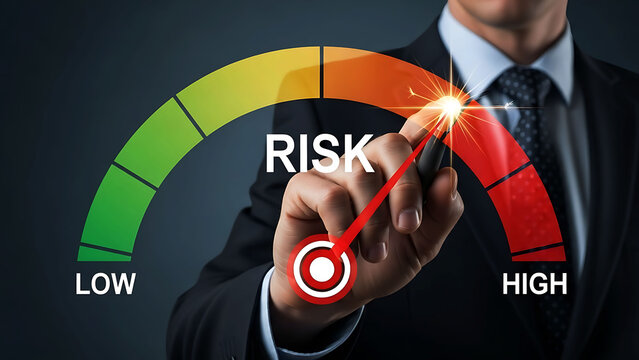 Business Risk Assessment Meter with Businessman Pointing to High Level