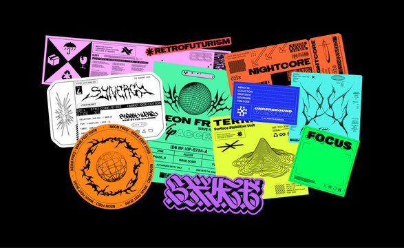 Neon Retrofuturistic and Y2K Stickers Pack Collage. Colorful cyberpunk stickers, tags, labels, cards. Industrial labels and tickets with lettering for streetwear, posters, album covers. Vector set