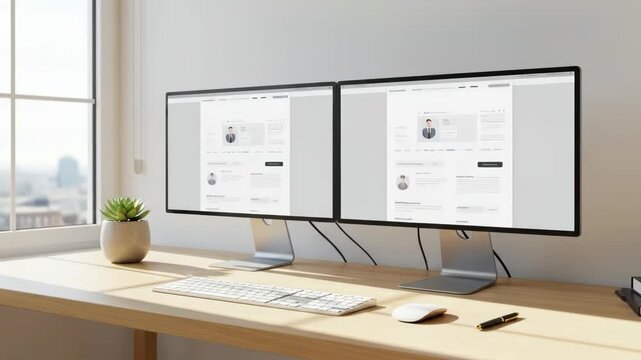 Modern workspace setup with dual computer monitors in a bright office interior