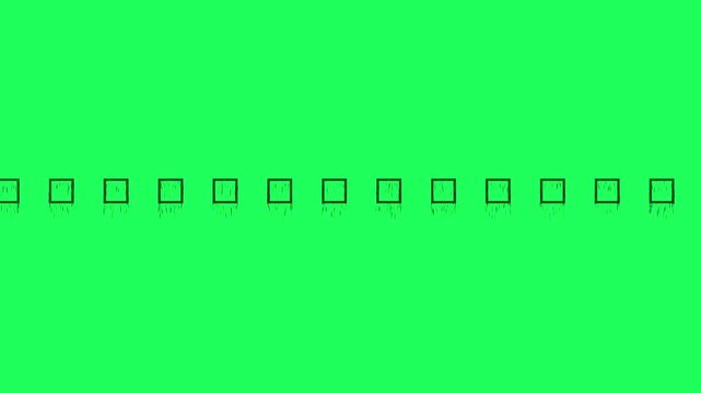 A sequence of thirteen stylized, dripping black squares or frames animates horizontally across a bright, vibrant green screen background for video editing.