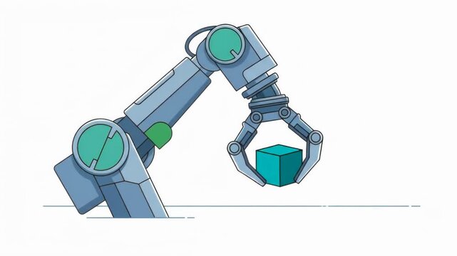 Mechanical robotic arm with claw grasping a blue cube on a white background