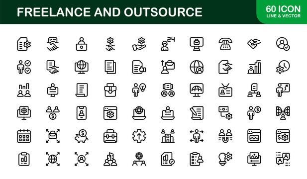 Freelance Outsource Line Icon Set &ndash; Modern Professional Vector Icons for Business, Remote Work, and Digital Services in Minimal Outline Style