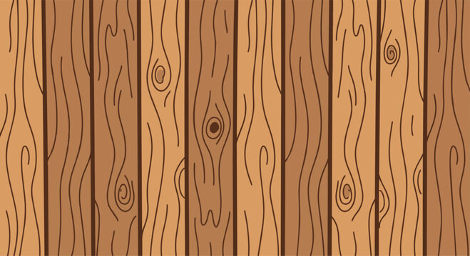 Cartoon wooden planks texture background. Seamless vector brown wood grain pattern with vertical boards and knots.