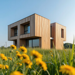 Modern wooden house design, surrounded by vibrant yellow flowers, showcases contemporary architecture in natural setting