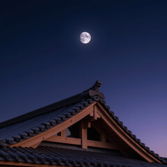 Serene night scene featuring traditional building roof under full moon, creating tranquil atmosphere