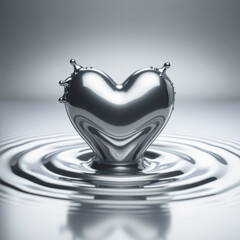 Metallic heart shape creates stunning visual, surrounded by ripples in water, symbolizing love and emotion