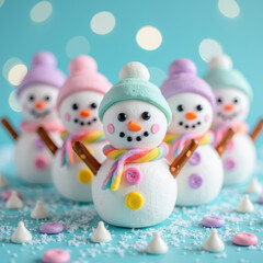 Cute snowman decorations made from marshmallows, colorful hats, and scarves, perfect for winter celebrations and festive gatherings